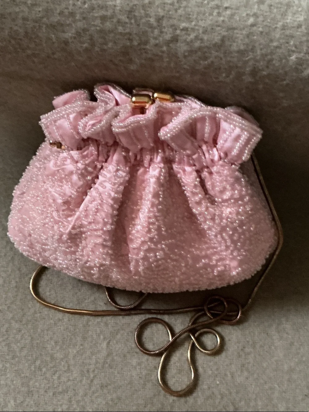Valerie Stevens Blush Pink Ruffle Drawstring Clutch with Gold Chain